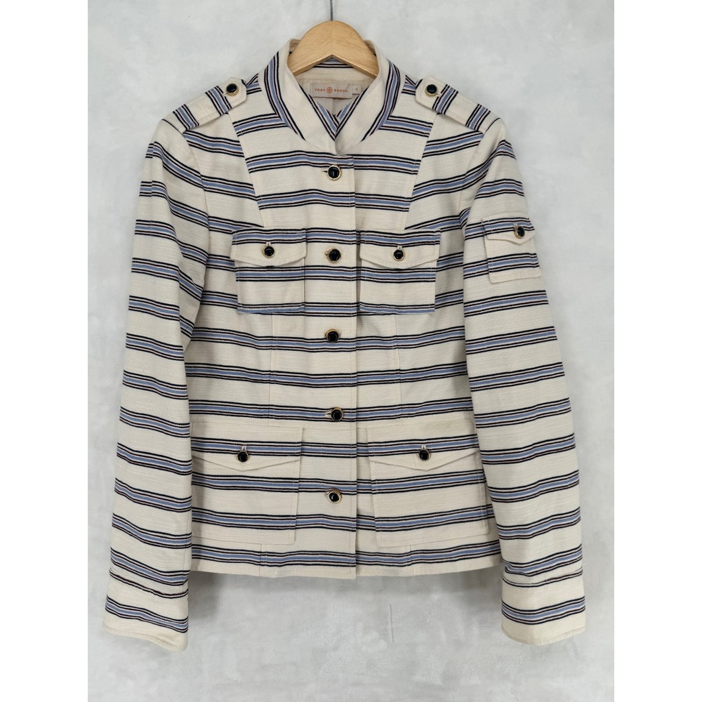 Tory Burch Sgt Pepper Jacket Women's 12 Striped Military Utility Ivory Blue